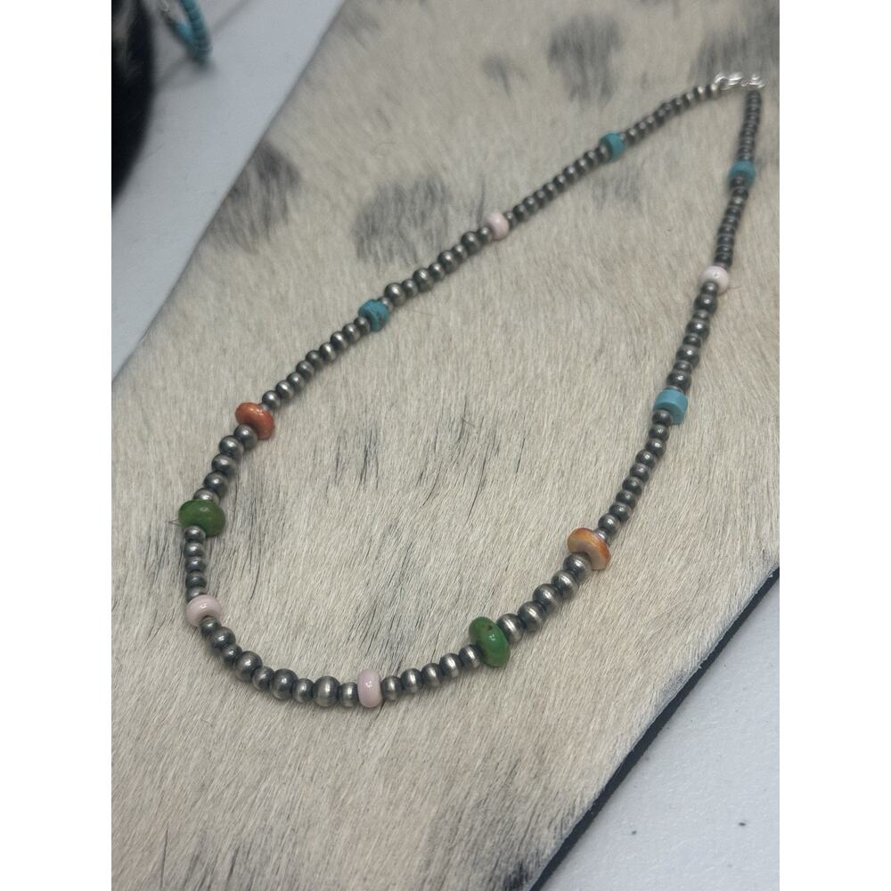 Native American Sterling Silver Pink Conch Turquoise Spiny Navajo Pearl Necklace - Picture 5 of 8